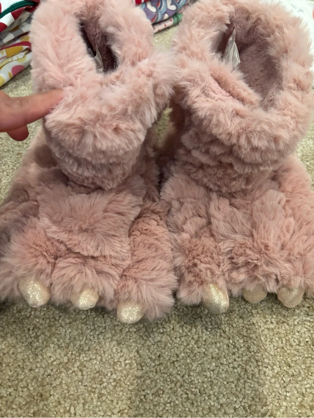 Plush Pink Fuzzy Slipper Boots with Glitter Toes